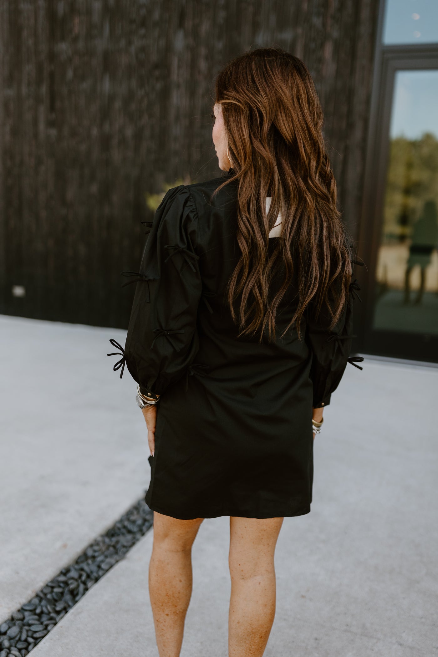 Black Ruffle Neck Bow Detail Dress