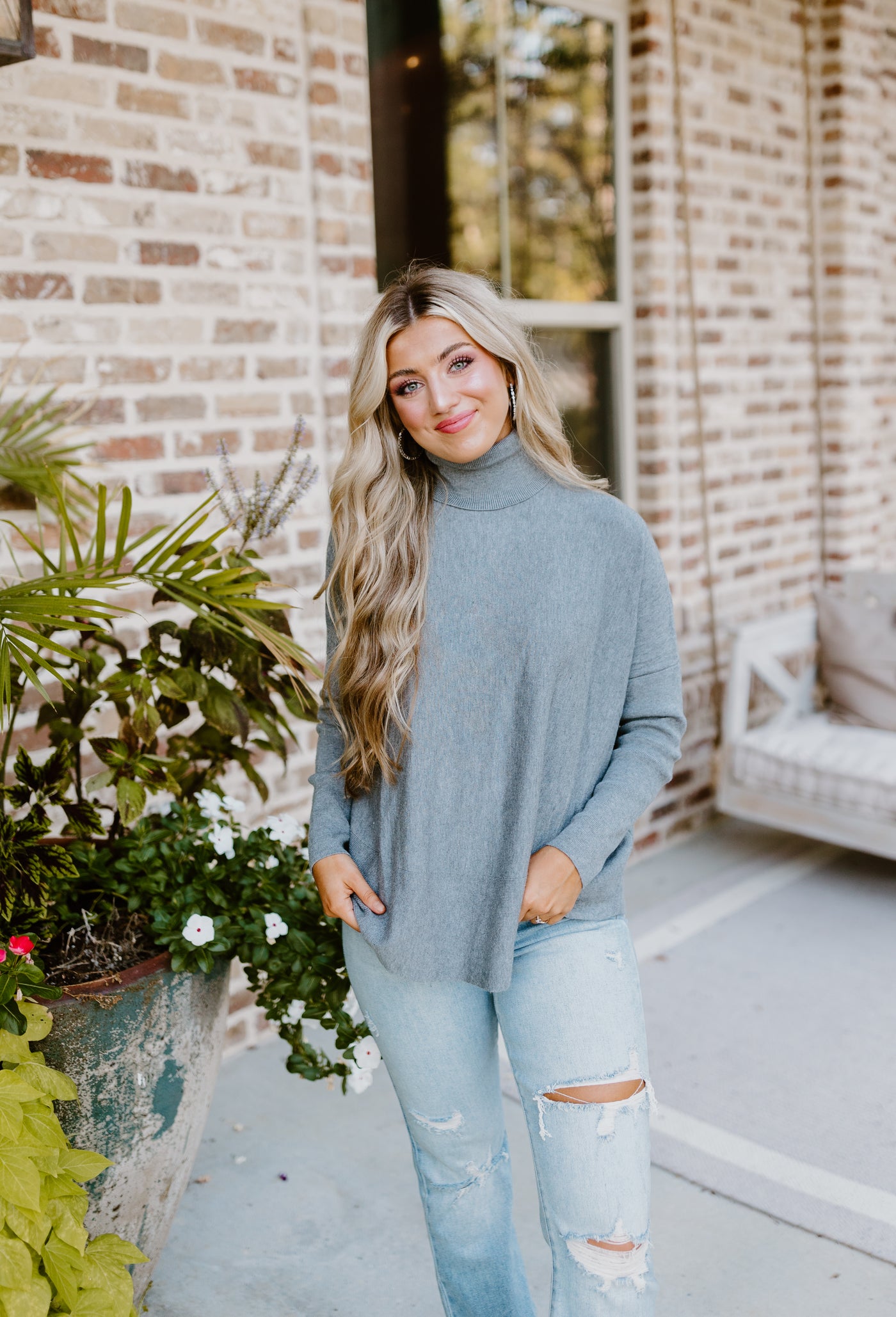 Grey Heather Knit Drop Shoulder Turtleneck Solid Sweater