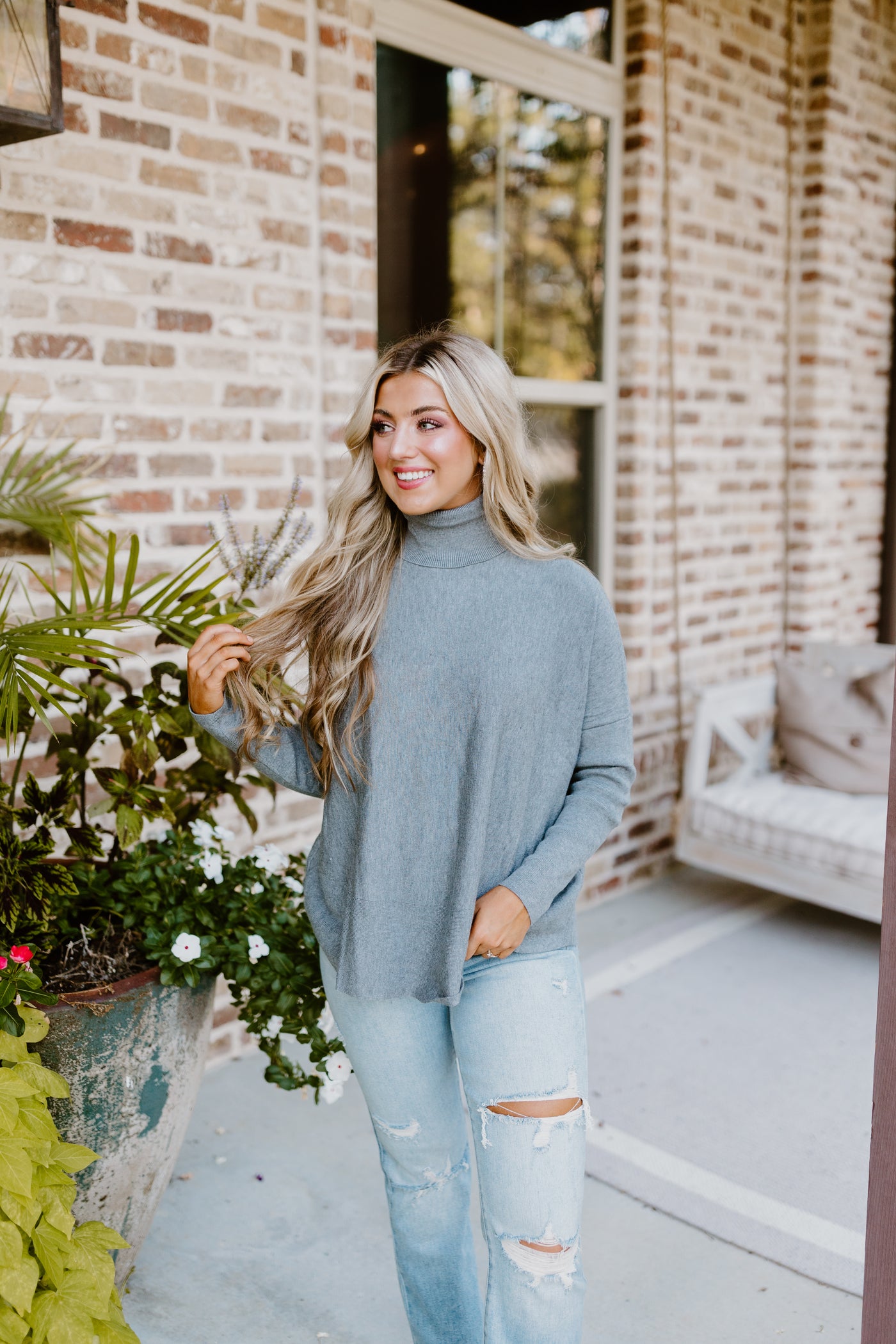 Grey Heather Knit Drop Shoulder Turtleneck Solid Sweater