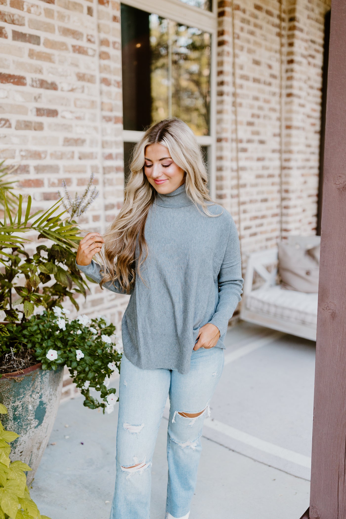 Grey Heather Knit Drop Shoulder Turtleneck Solid Sweater