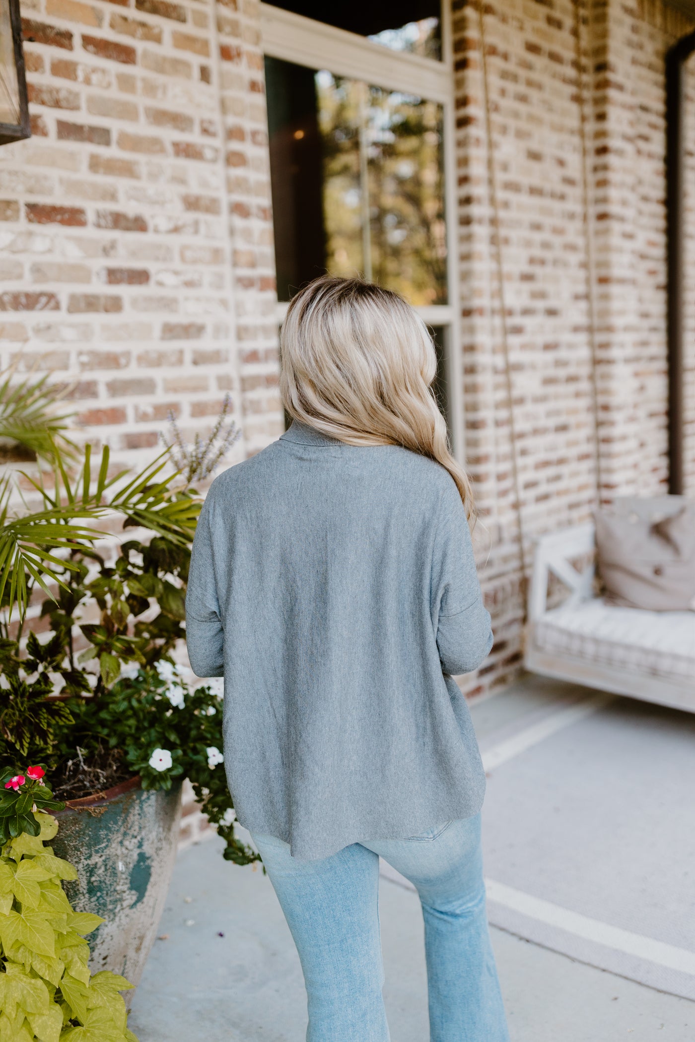 Grey Heather Knit Drop Shoulder Turtleneck Solid Sweater