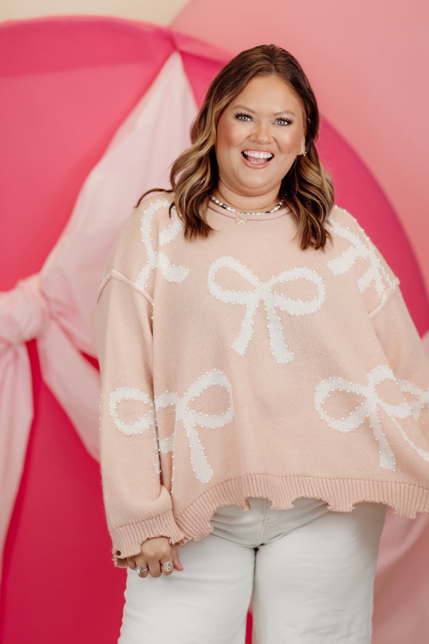 Salmon Pearl Detail Oversized Bow Sweater