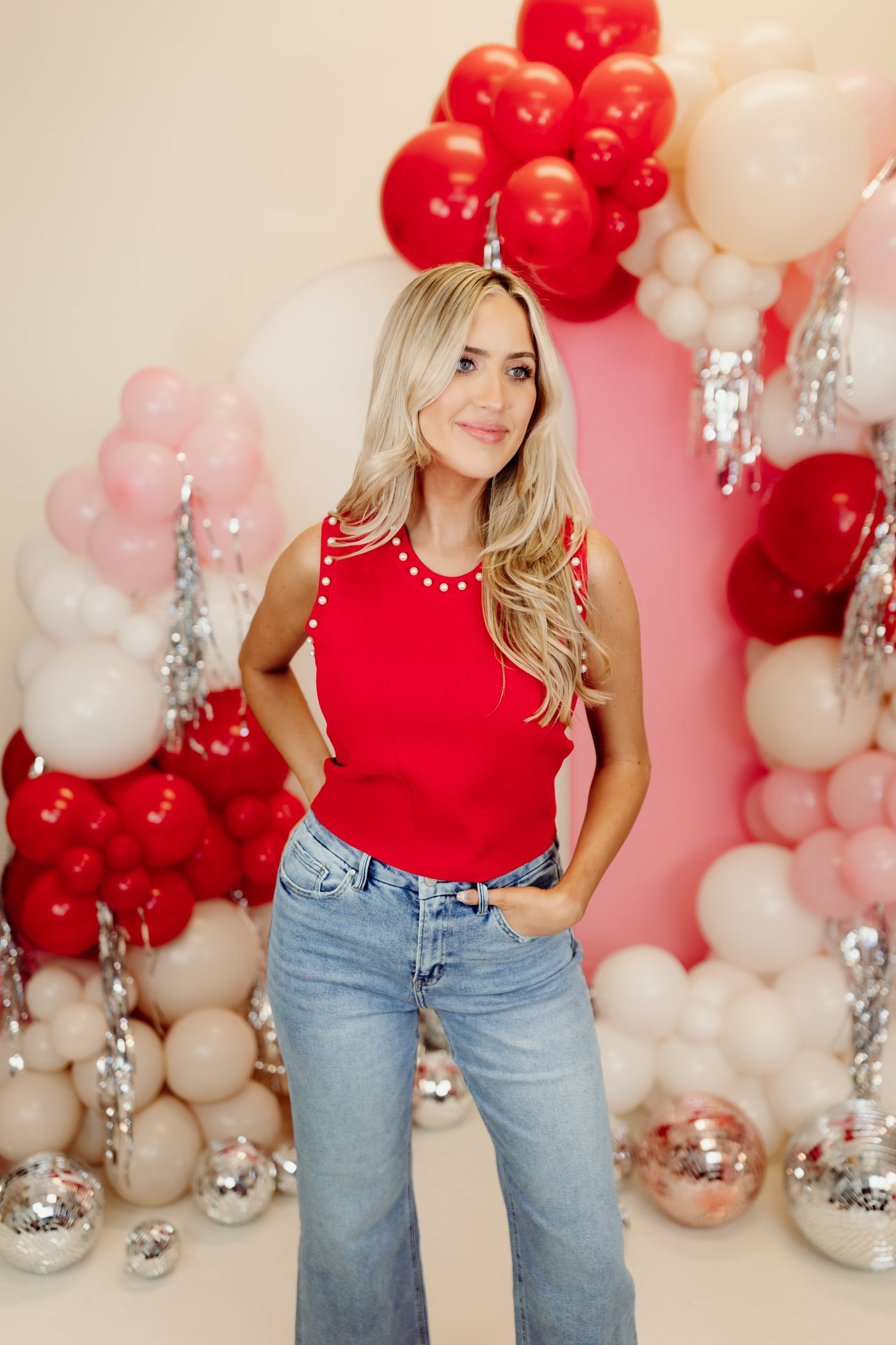 Red Round Neck Sleeveless Pearl Detail Tank