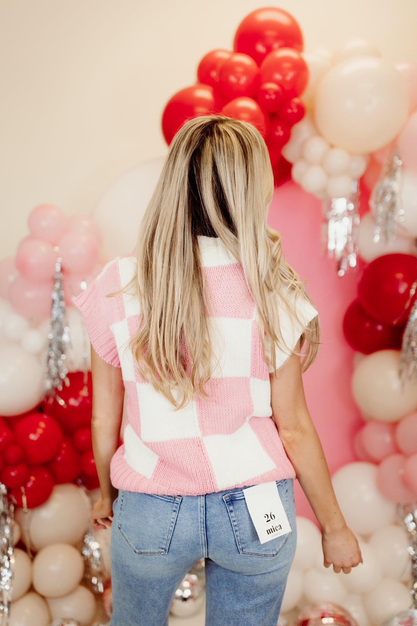 Pink V-Neck Checkered Sweater Vest