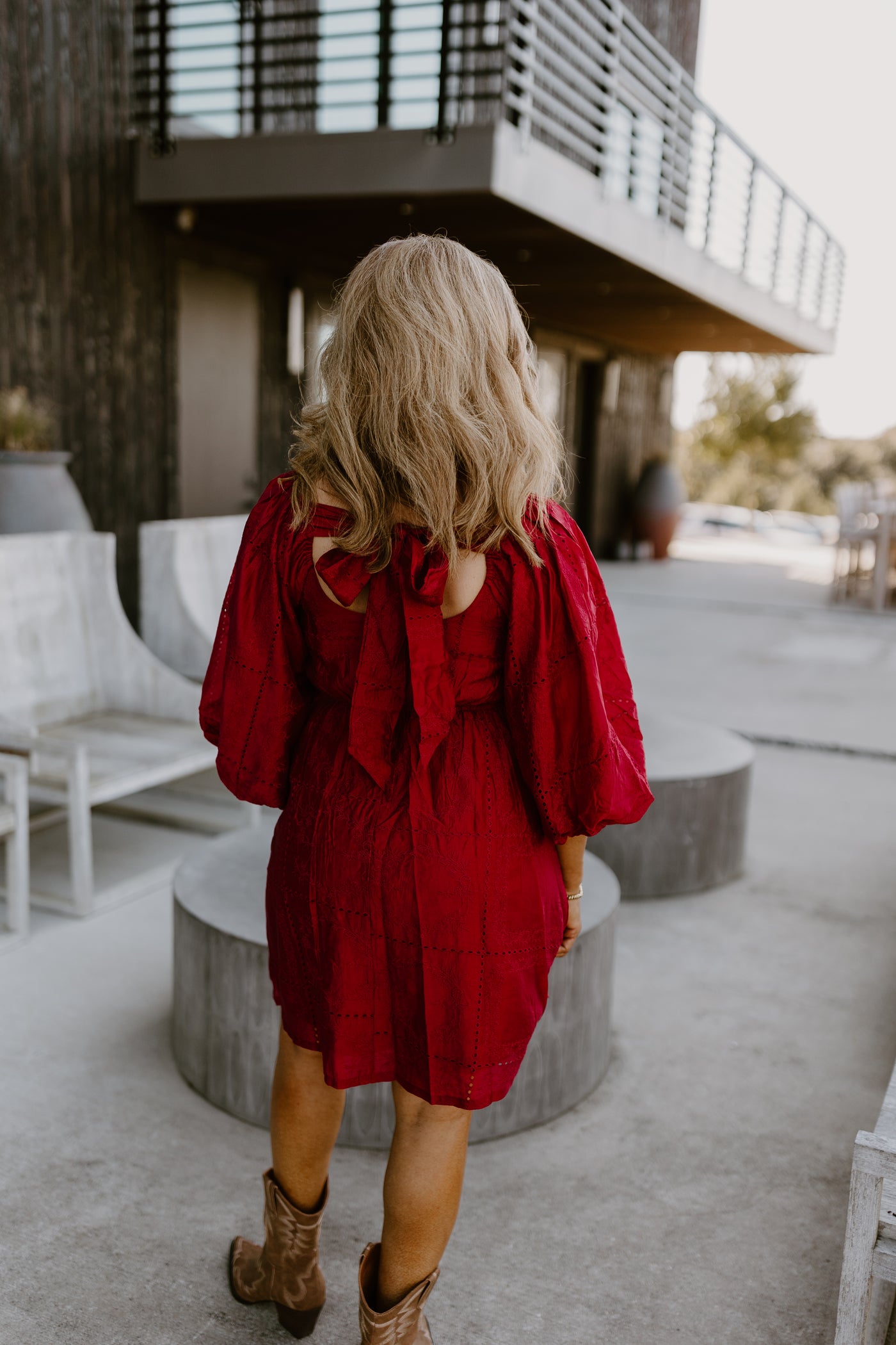 Red Eyelet Square Neck Puff Sleeve Dress