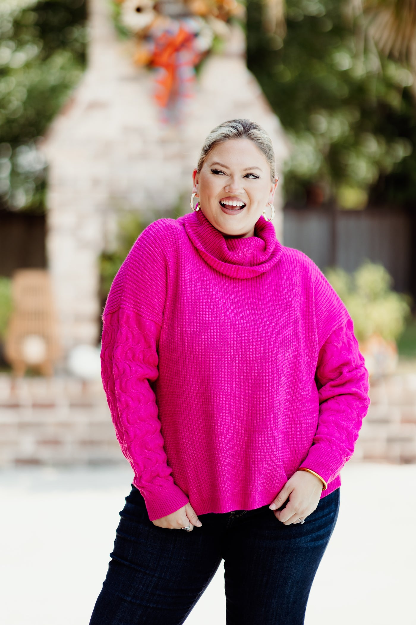 Hot Pink Turtleneck Wavy Knit Sweater