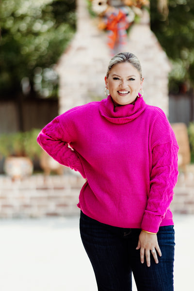 Hot Pink Turtleneck Wavy Knit Sweater