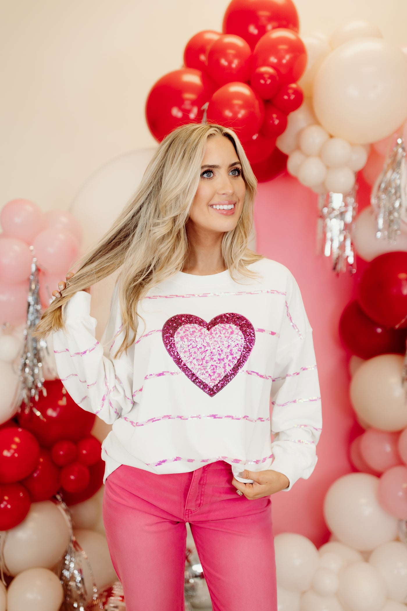 White French Terry Sequin Heart and Stripes Loose Fit Sweatshirt