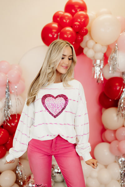 White French Terry Sequin Heart and Stripes Loose Fit Sweatshirt