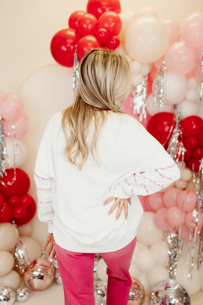 White French Terry Sequin Heart and Stripes Loose Fit Sweatshirt