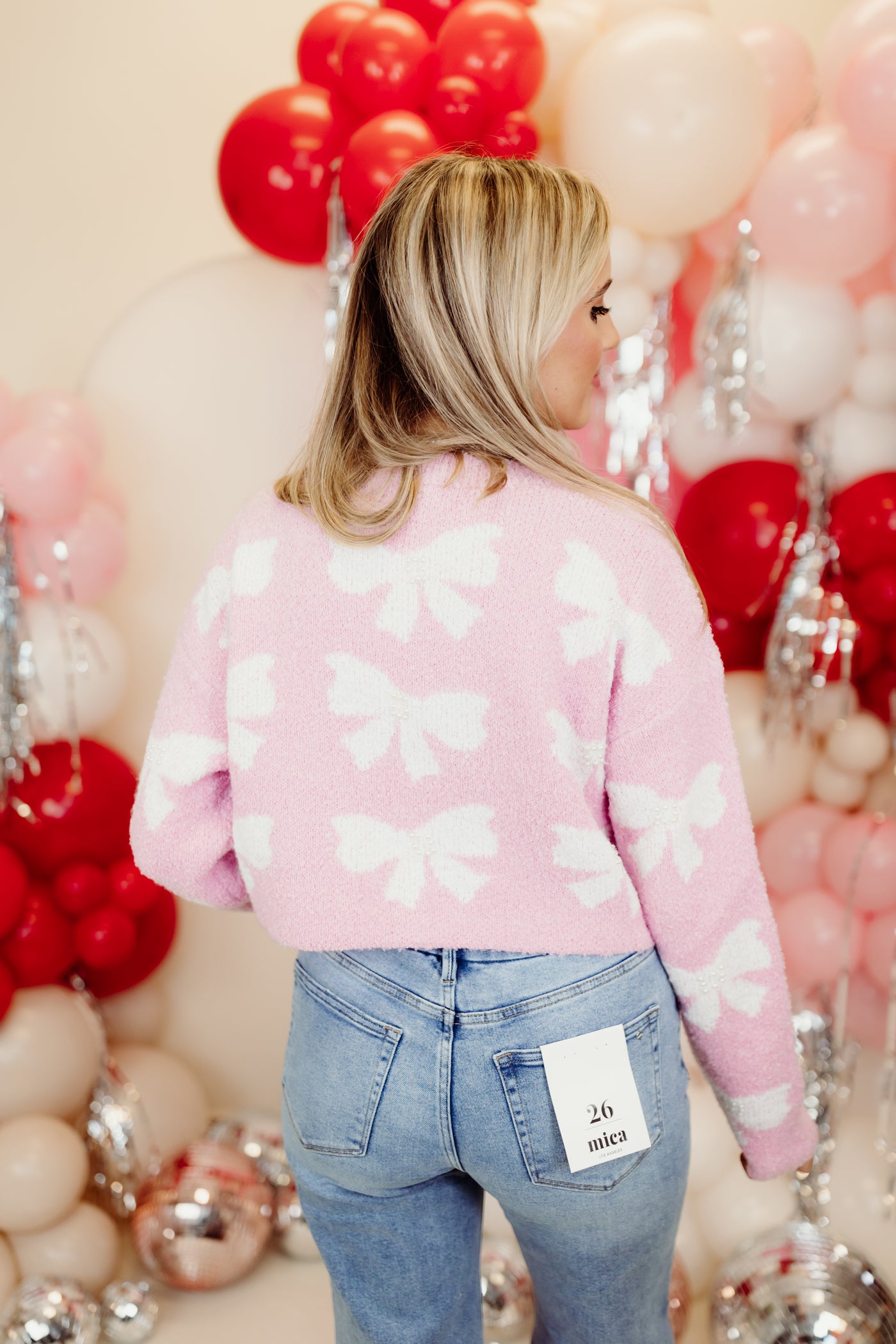 Light Pink Long Sleeve Cropped Pearl Detail Bow Sweater