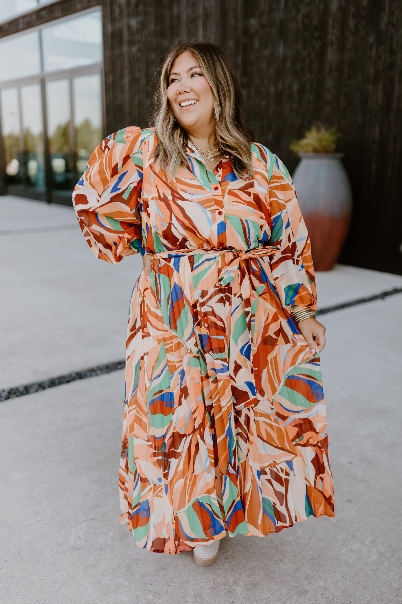 Cognac Green Printed Button Down Collared Midi Dress