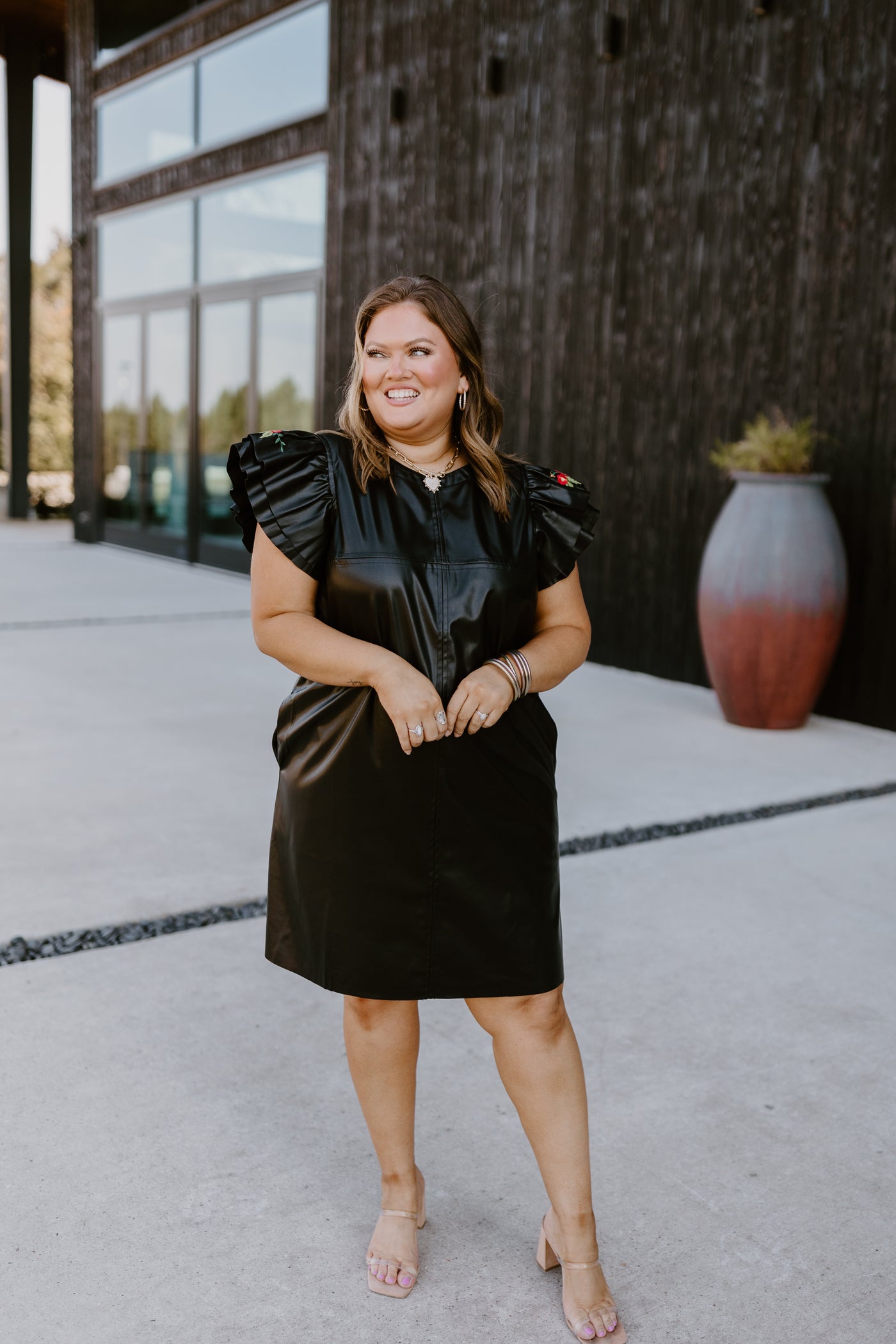 Black Flutter Sleeve Leather Mini Dress