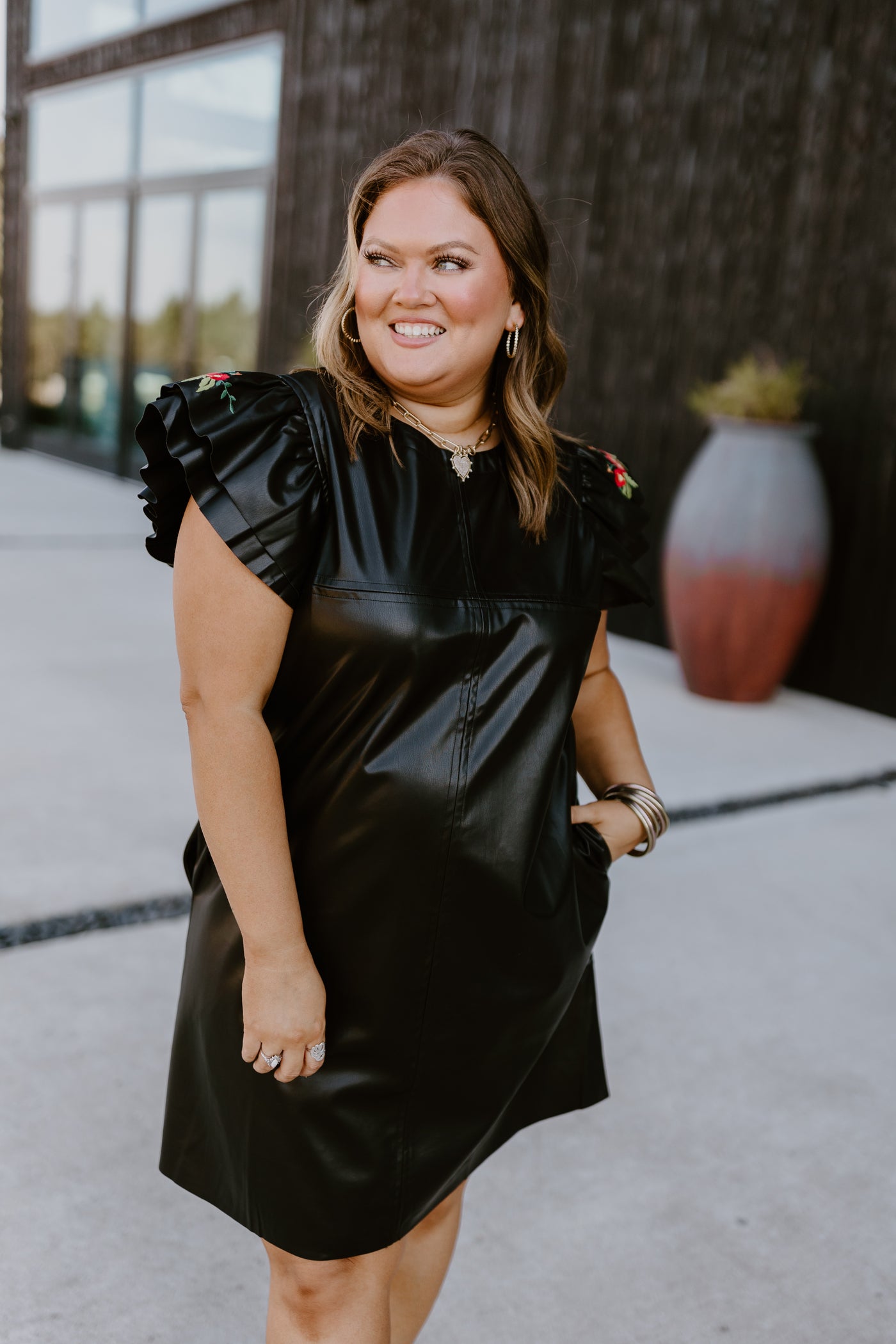 Black Flutter Sleeve Leather Mini Dress