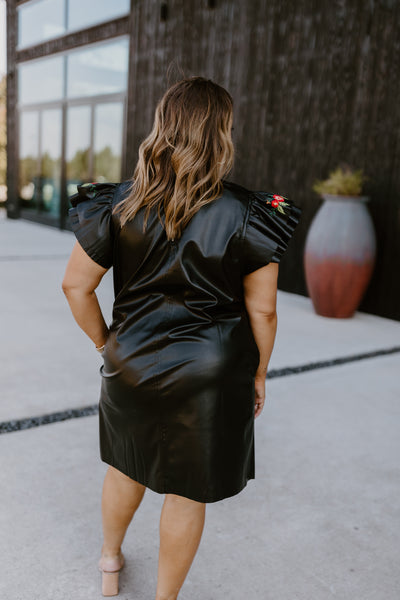 Black Flutter Sleeve Leather Mini Dress