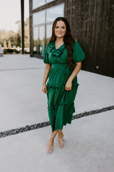 Hunter Green Puff Sleeve Ruffle Detail Midi Dress