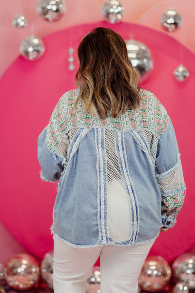 Denim Multi Oversized Balloon Sleeve Floral Contrast Jacket