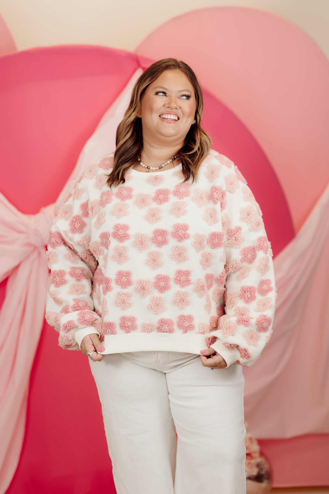 Pink and Blush Sherpa Floral Jacquard Pullover