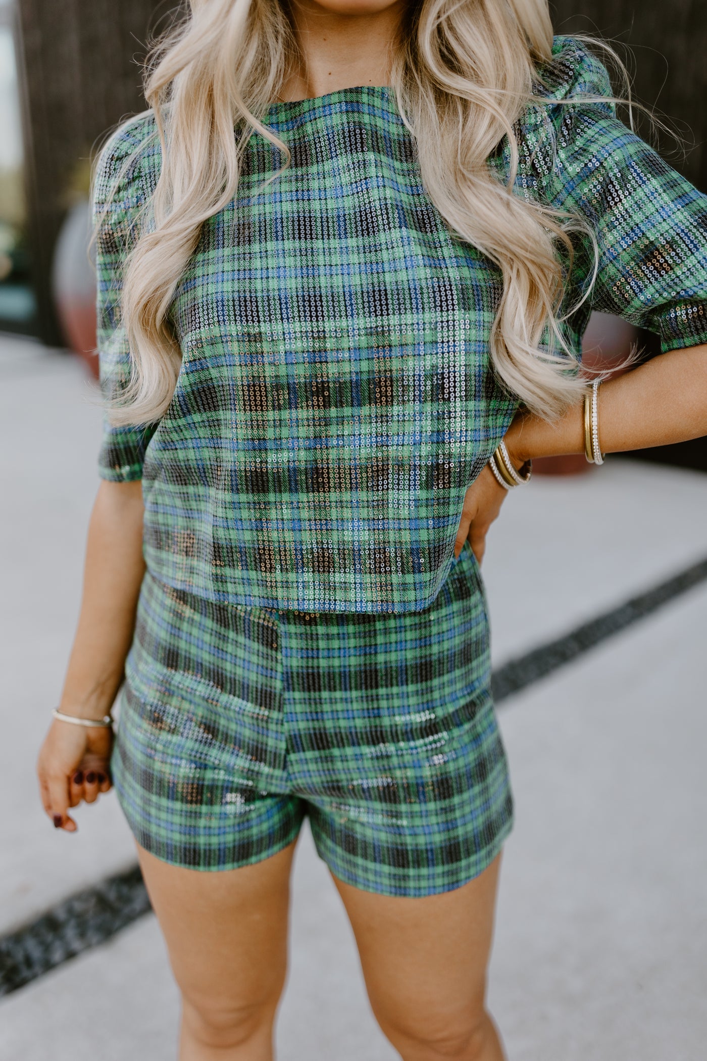 Hunter Green Puff Sleeve Checkered Sequin Top and Short Set