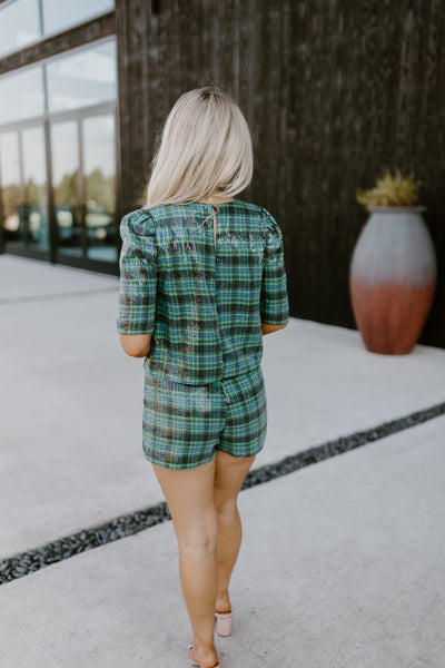 Hunter Green Puff Sleeve Checkered Sequin Top and Short Set