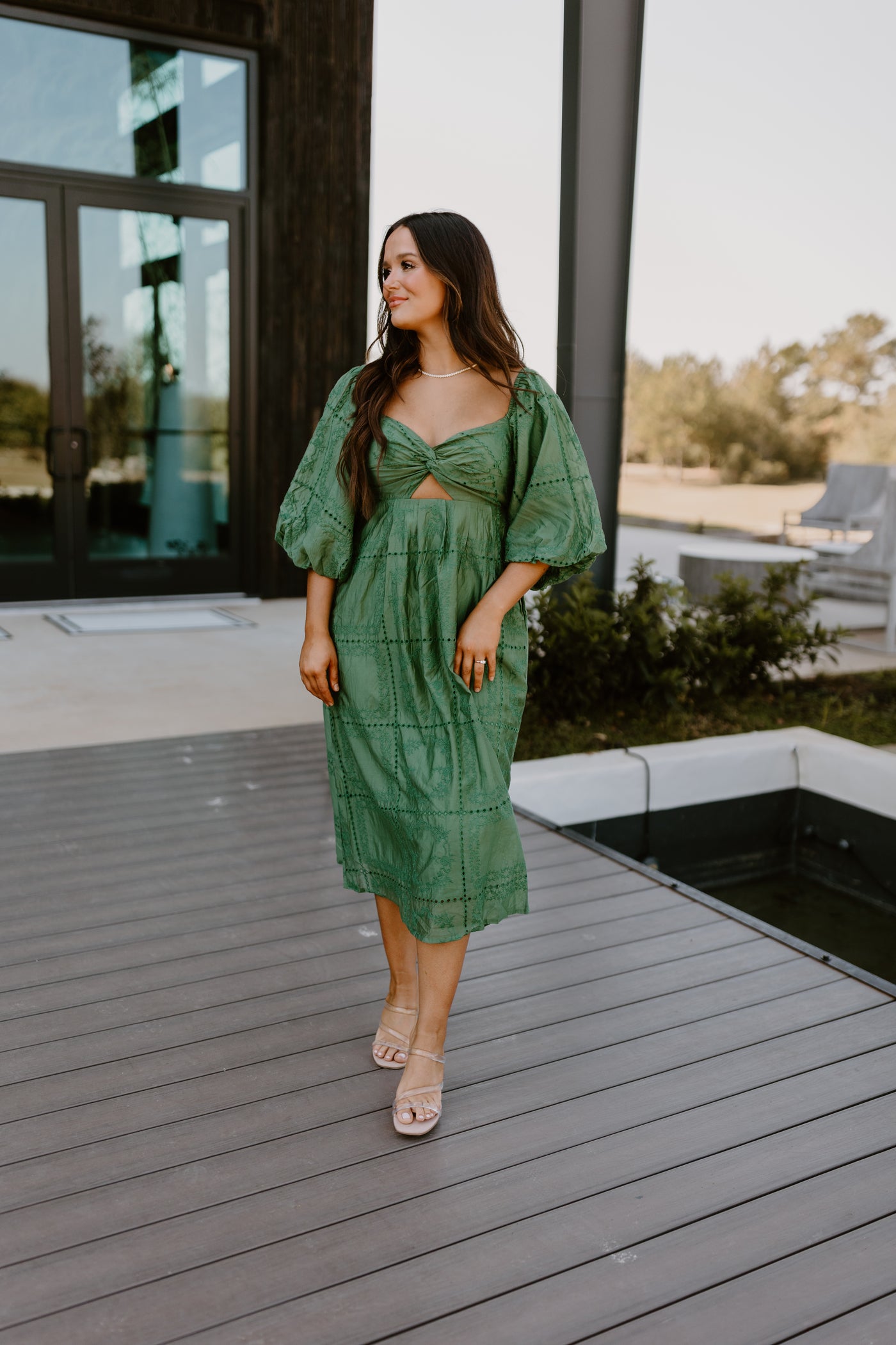 Green Twist Front Cutout Puff Sleeve Eyelet Midi Dress