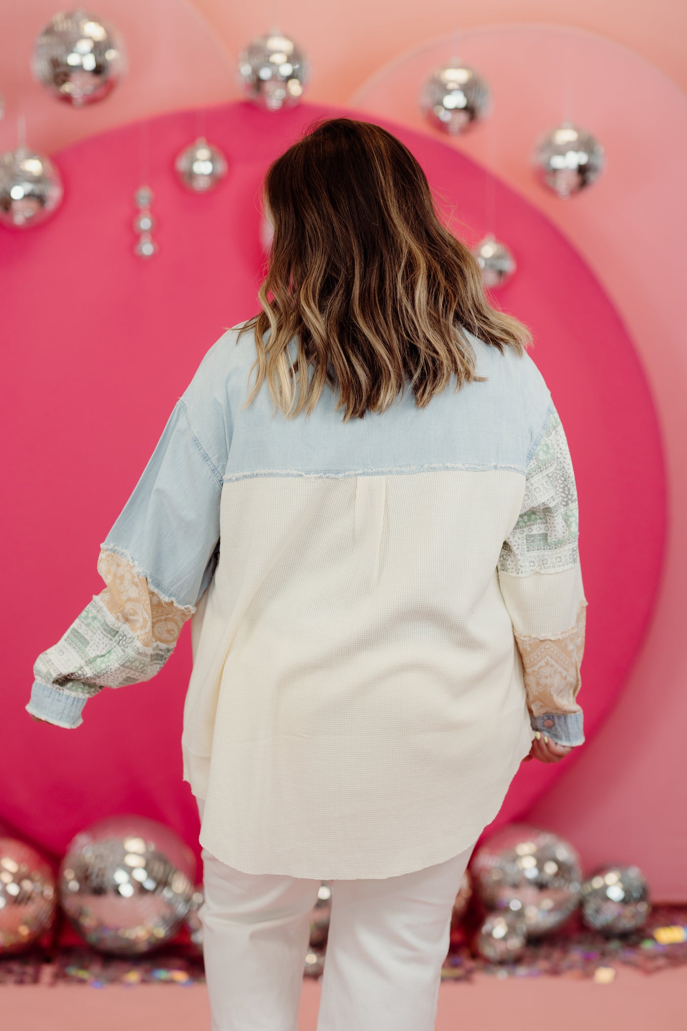 Ivory and Denim Oversized Contrast Button Down Top