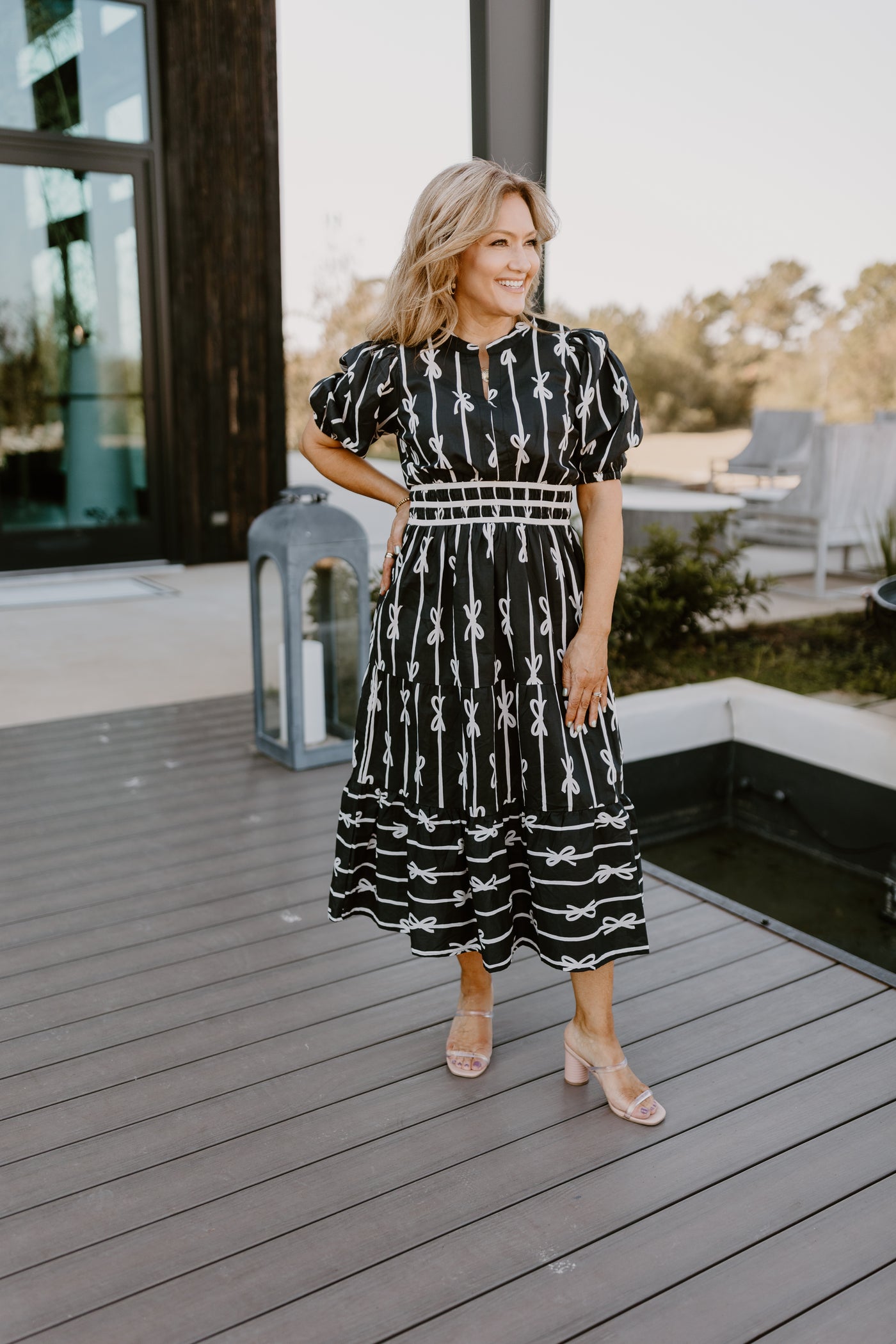 Black Notch Neck Bow Midi Dress