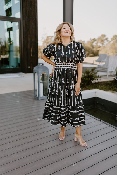 Black Notch Neck Bow Midi Dress