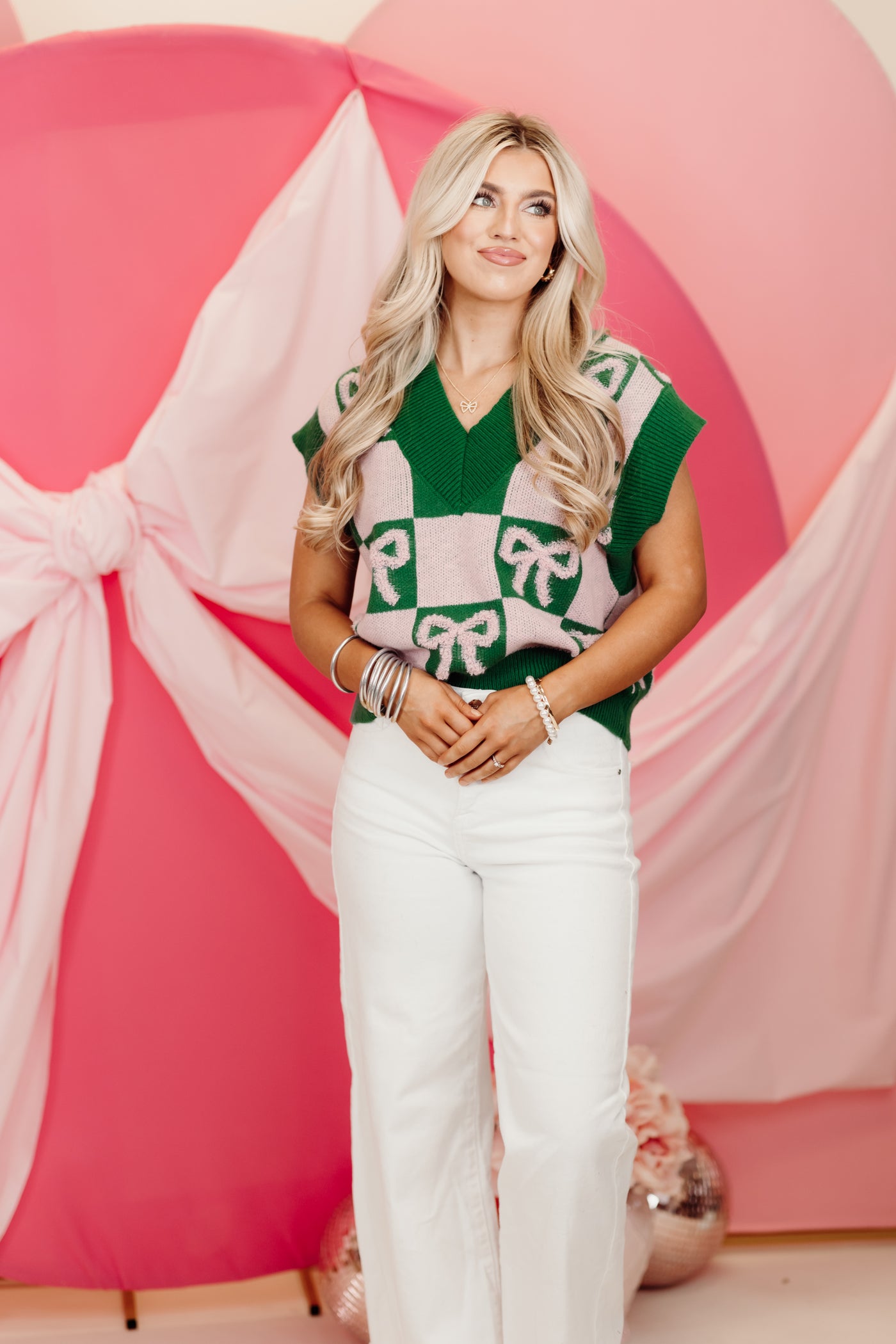 Hunter Green/Blush Checkered Bow Detail Sleeveless Sweater