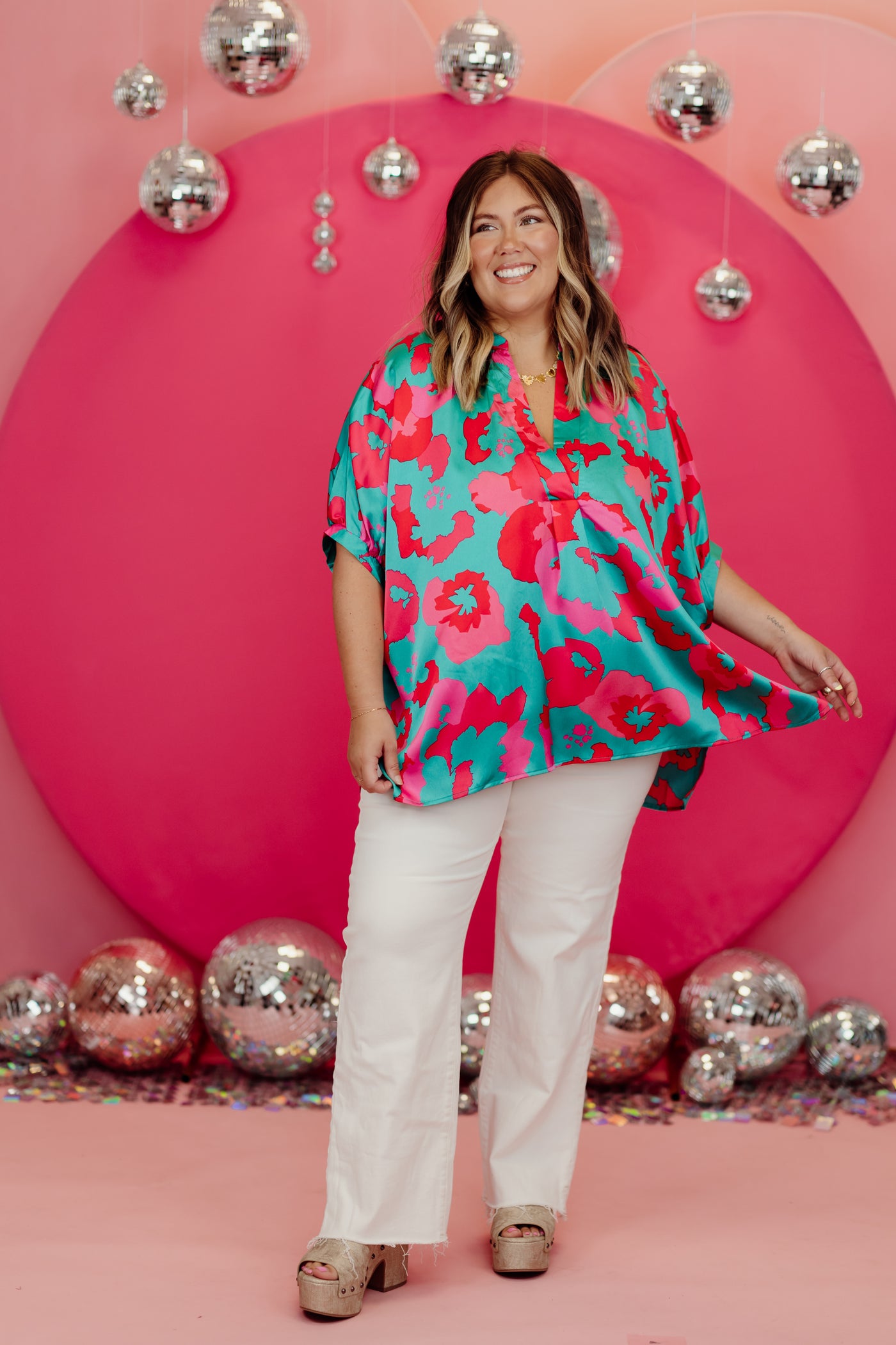 Turquoise Mix Satin Oversized Floral V-Neck Blouse