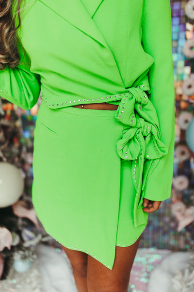 Green Glow Cropped Side Tie Blazer and Skirt Set