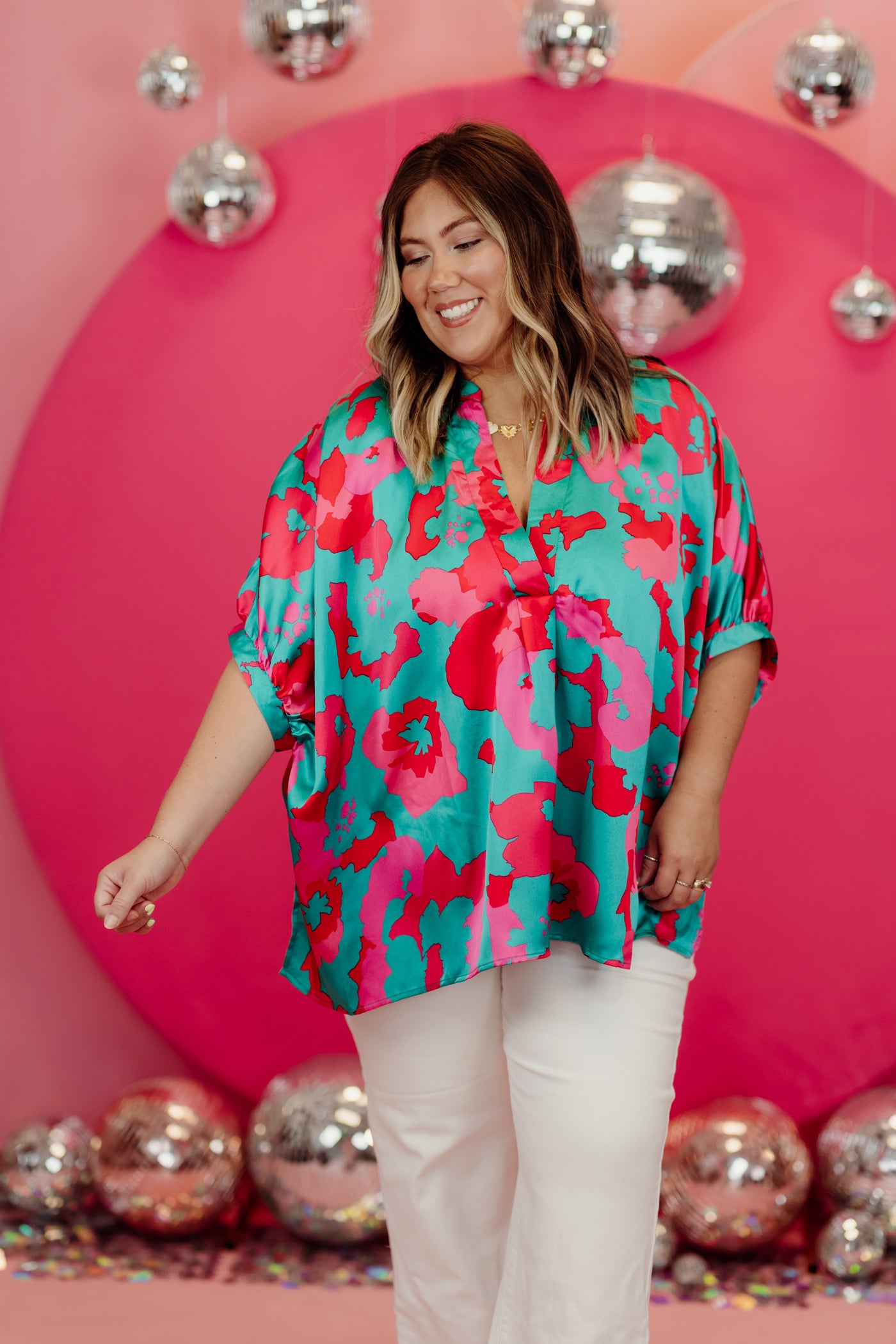 Turquoise Mix Satin Oversized Floral V-Neck Blouse