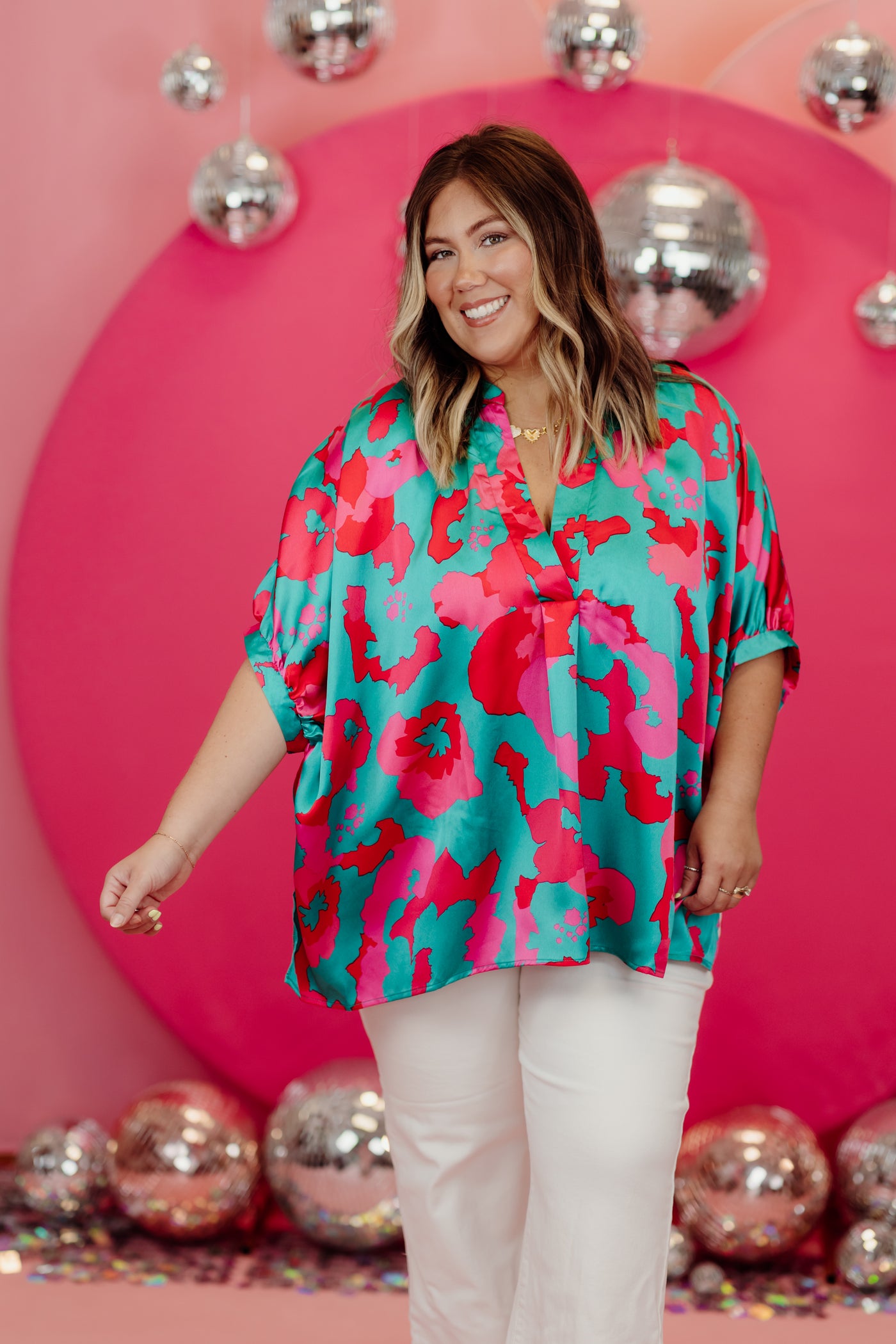 Turquoise Mix Satin Oversized Floral V-Neck Blouse