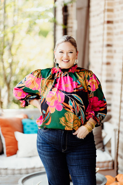 Black Green Mix Satin Floral Bubble Blouse