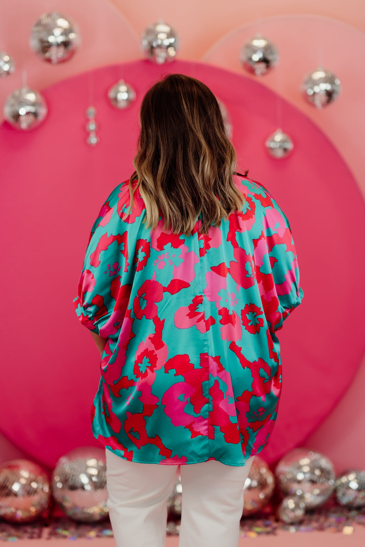 Turquoise Mix Satin Oversized Floral V-Neck Blouse