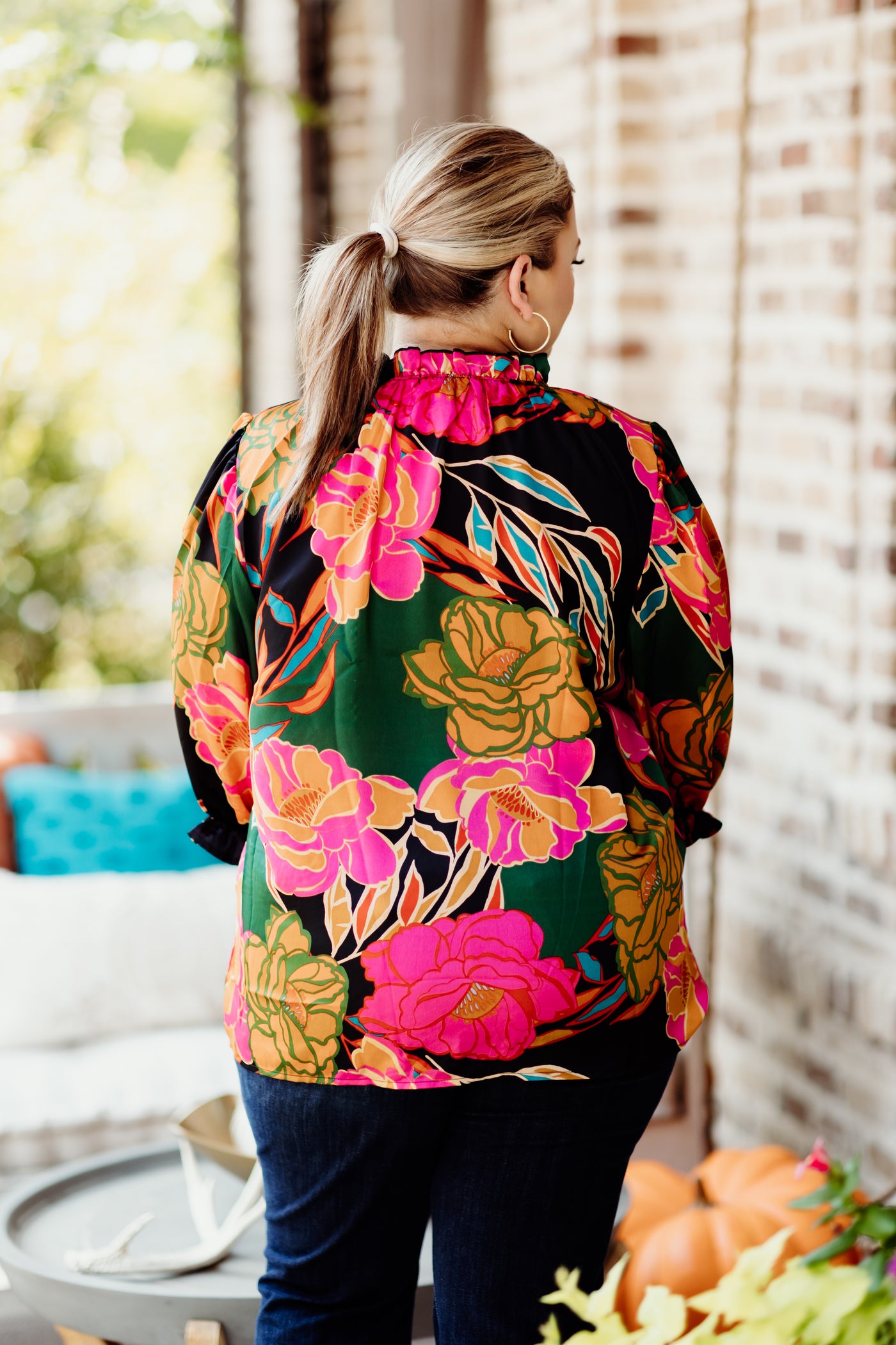 Black Green Mix Satin Floral Bubble Blouse