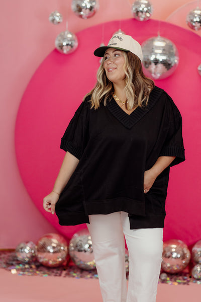 Black Raw Edge V-Neck Oversized Pocket Top