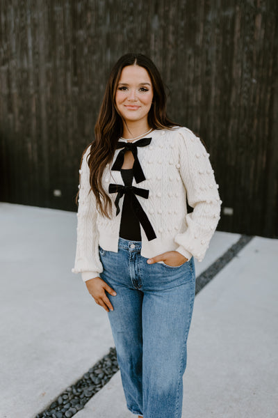 Ivory Bow Front Cable Knit Cardigan