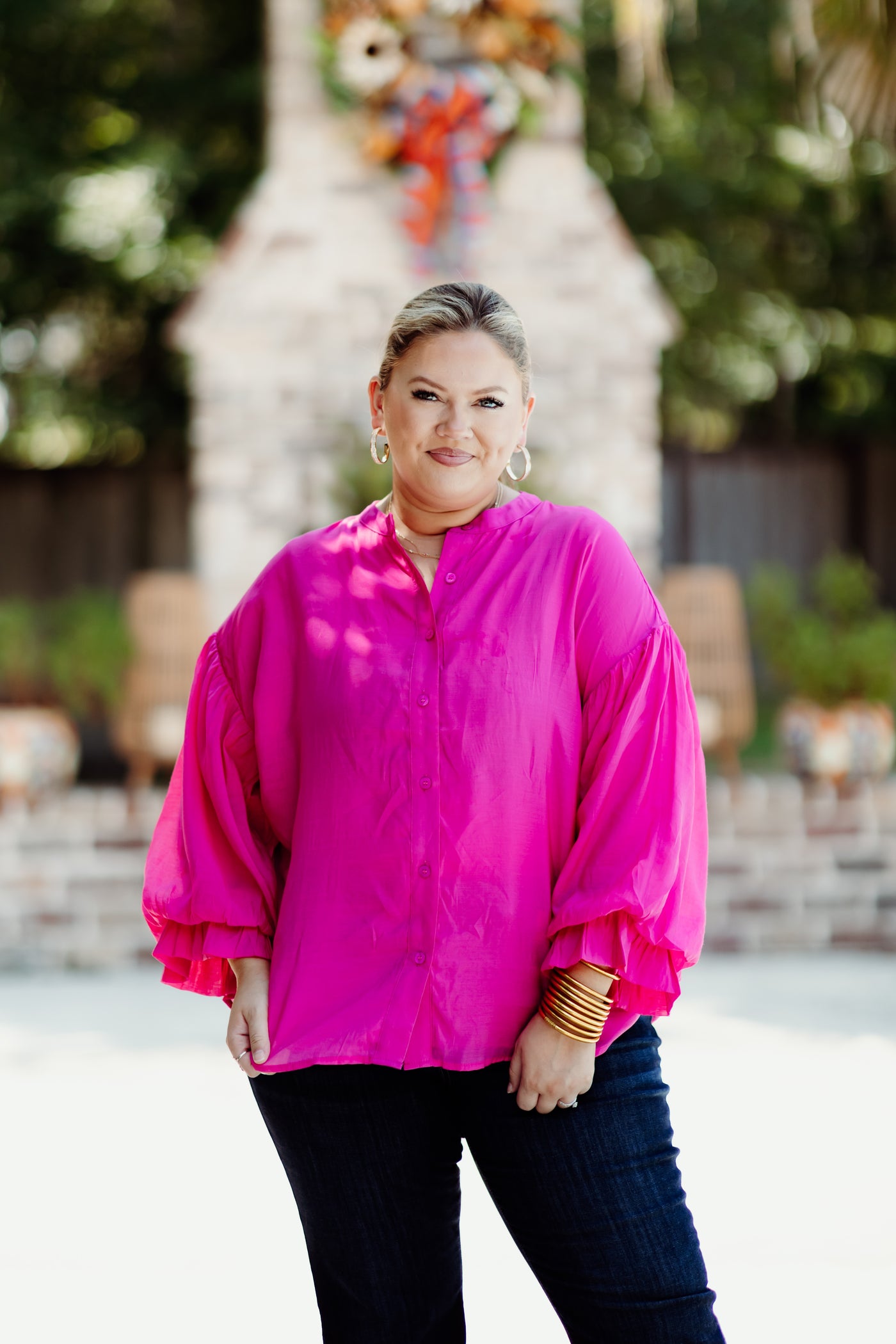 Fuchsia Puff Sleeve Button Down Blouse