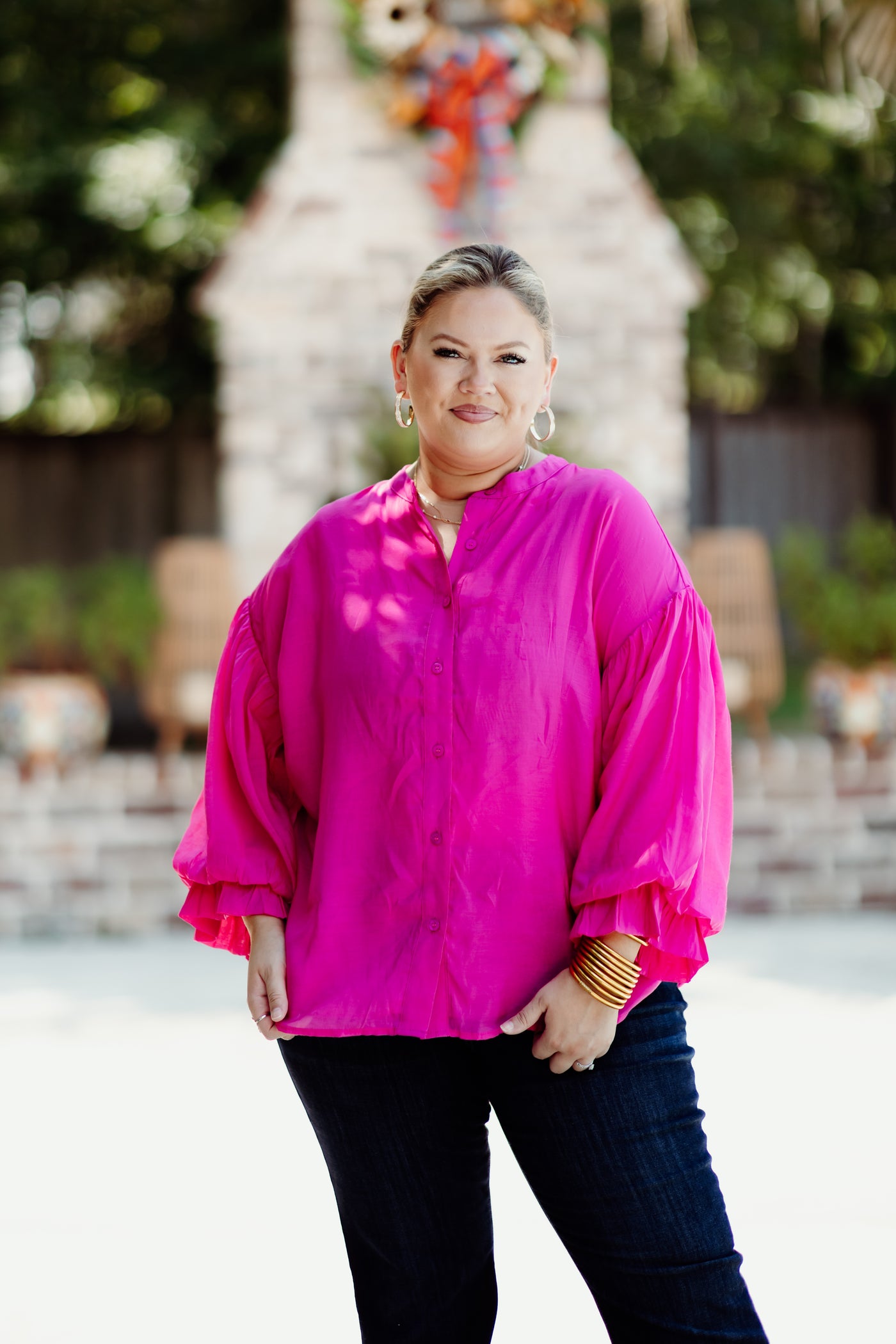 Fuchsia Puff Sleeve Button Down Blouse