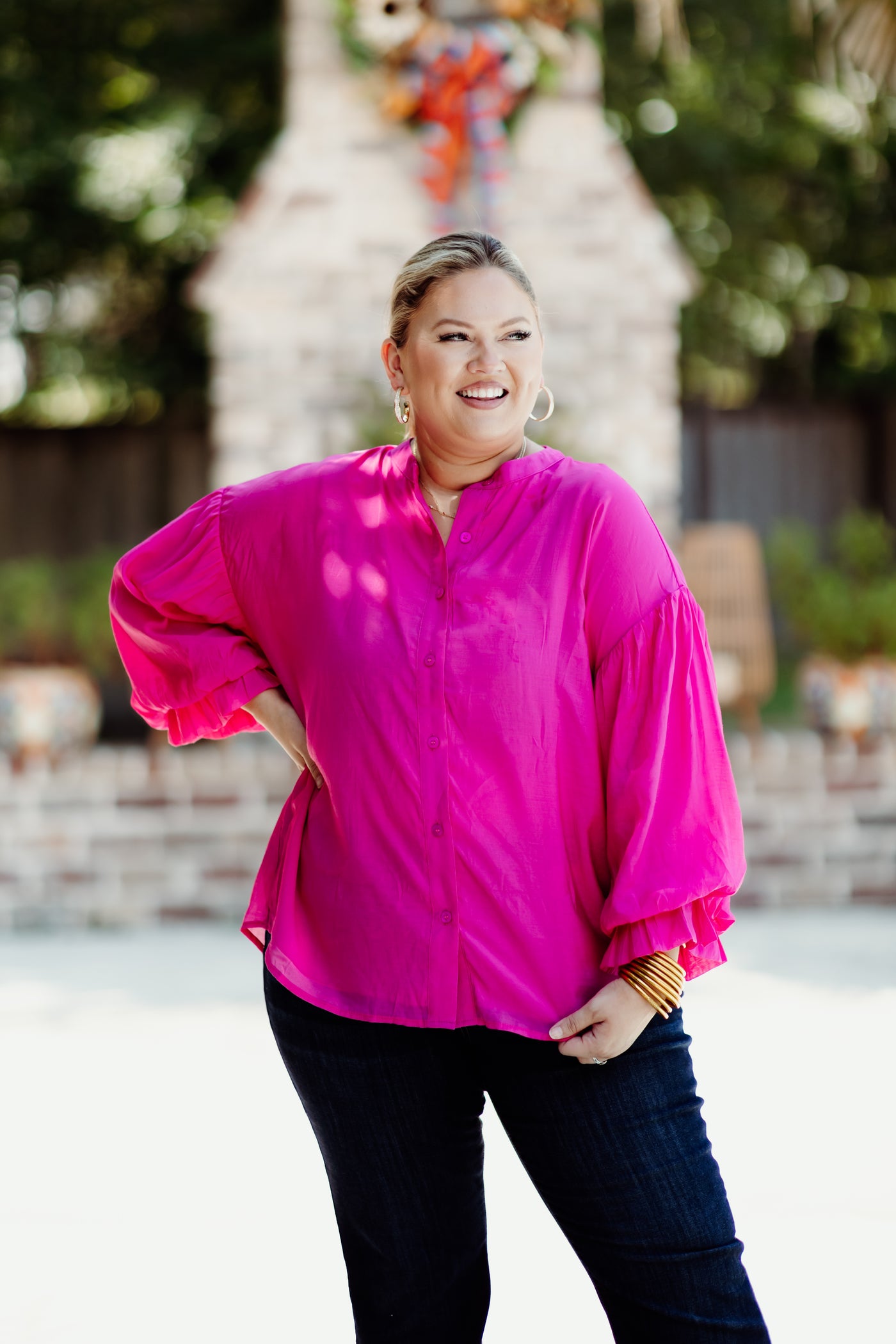 Fuchsia Puff Sleeve Button Down Blouse