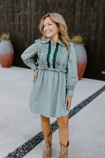 Eucalyptus Button Down Ruffle Trim Poplin Dress