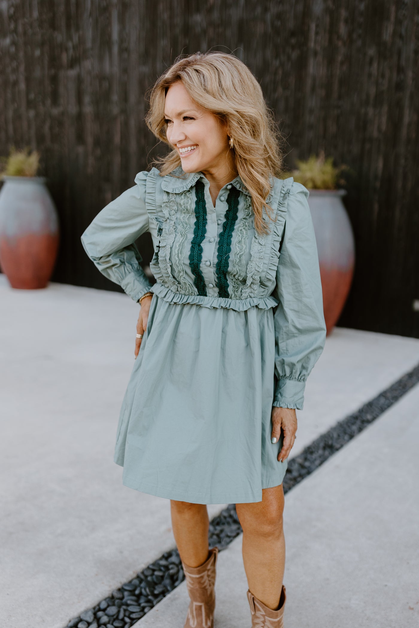 Eucalyptus Button Down Ruffle Trim Poplin Dress