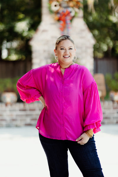 Fuchsia Puff Sleeve Button Down Blouse