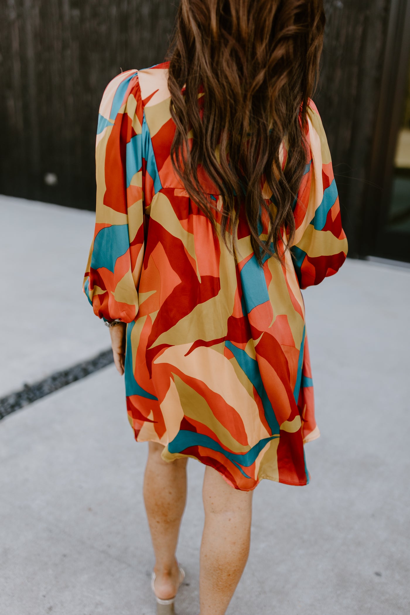 Adrienne Sunset Breeze Satin Ruffle Collar Balloon Sleeve Dress