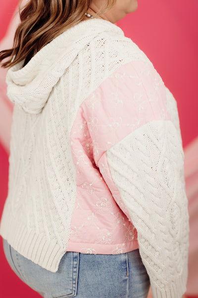 Cream and Pink Cable Knit Button Detail Hoodie Sweater