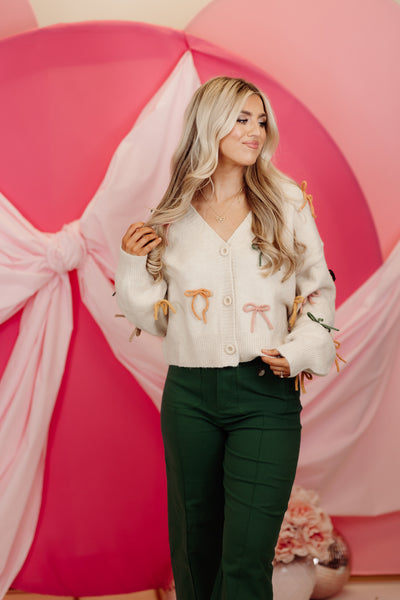 Oatmeal Multicolor Bow Cropped Cardigan