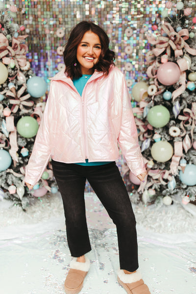 Light Pink Metallic Puffer Jacket