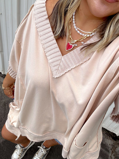 Beige Raw Edge V-Neck Oversized Pocket Top