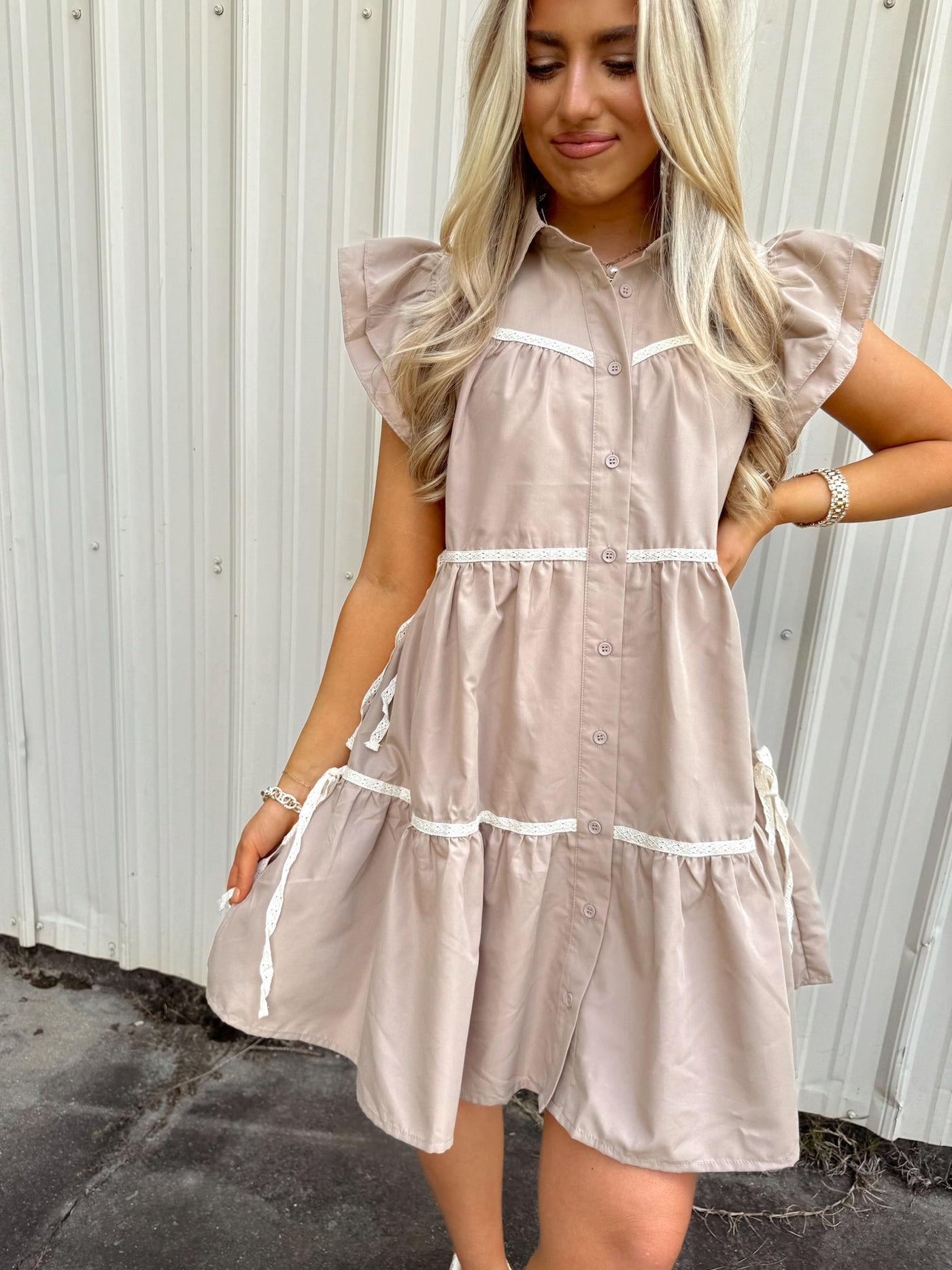 Mocha Tiered Flutter Sleeve Button Down Dress